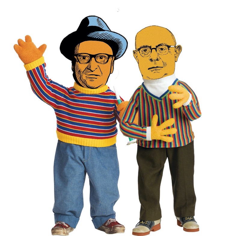 The figures are made of the heads of Frankfurt School Critical theorists Theodor Adorno and Max Horkheimer on the torsos of Sesame Street characters Ernie and Bert.